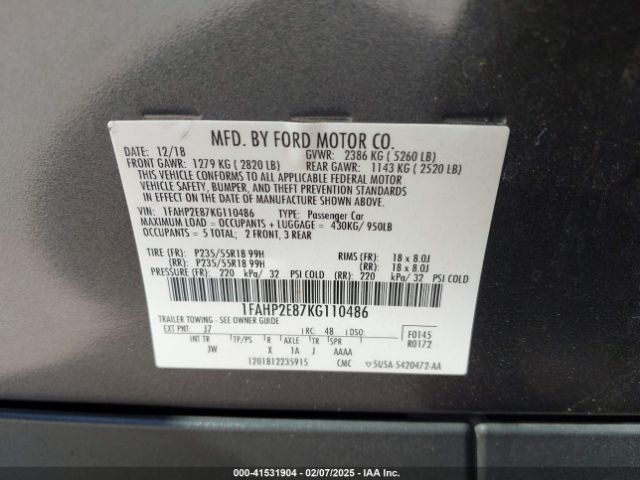 1FAHP2E87KG110486 Ford TAURUS SEL