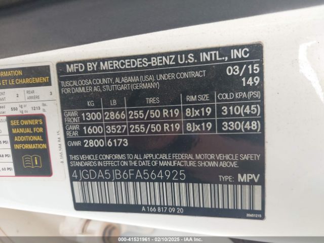 4JGDA5JB6FA564925 Mercedes-Benz ML 350