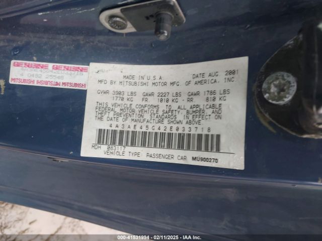 2002 MITSUBISHI ECLIPSE SPYDER 4A3AE45G42E033718 Photo 8