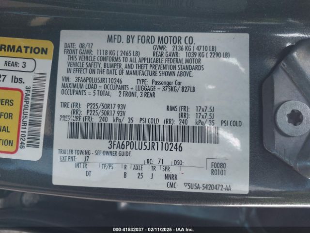 3FA6P0LU5JR110246 Ford Fusion Hybrid Se