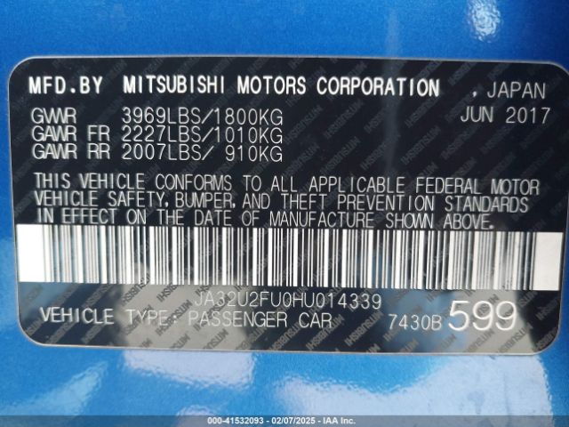 JA32U2FU0HU014339 Mitsubishi Lancer Le
