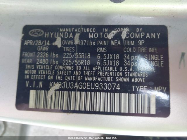 KM8JU3AG0EU933074 Hyundai Tucson Limited