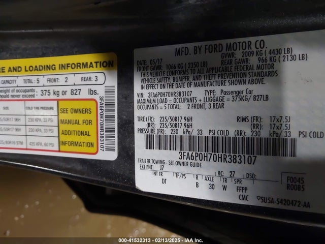 Ford FUSION SE 2017 3FA6P0H70HR383107 Image 9