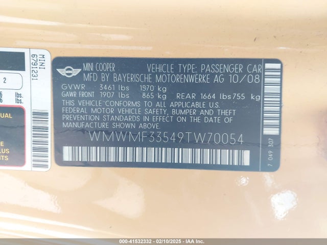 2009 MINI COOPER WMWMF33549TW70054 Photo 8