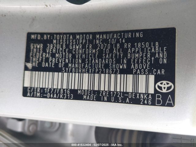5YFBURHEXFP218673 Toyota Corolla Le Plus
