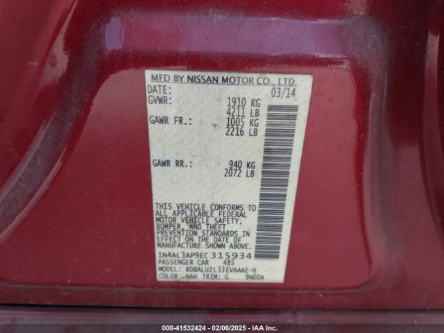 1N4AL3AP9EC315934 Nissan Altima 2.5 Sv