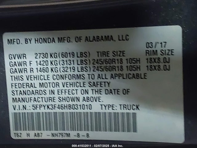 Honda Ridgeline Rts 2017 5FPYK3F46HB031010 Image 9
