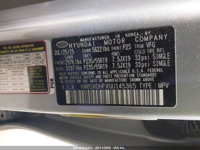 KM8SRDHFXGU145365 Hyundai Santa Fe Se
