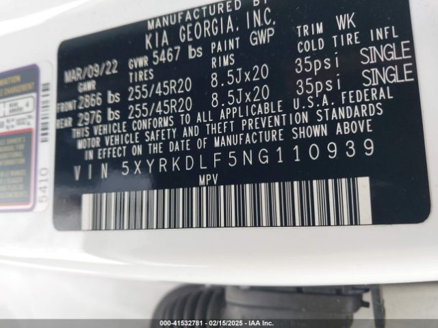 5XYRKDLF5NG110939 KIA SORENTO SX
