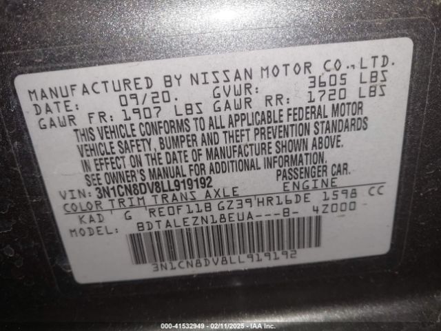 3N1CN8DV8LL919192 Nissan Versa S Xtronic Cvt
