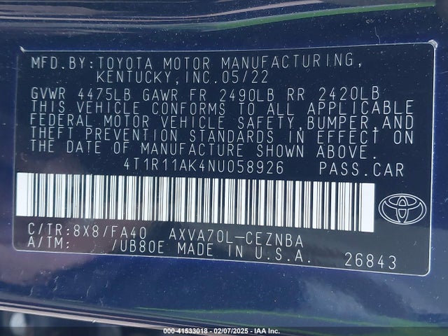 4T1R11AK4NU058926 Toyota CAMRY LE