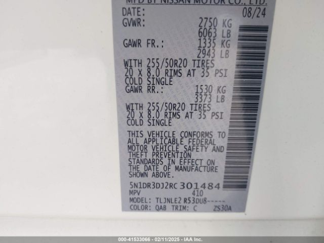 5N1DR3DJ2RC301484 Nissan Pathfinder Platinum 4wd