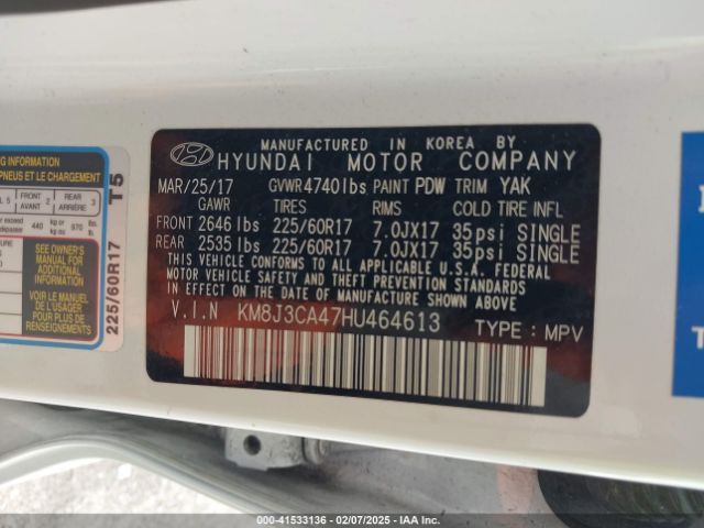 KM8J3CA47HU464613 Hyundai Tucson Se Plus