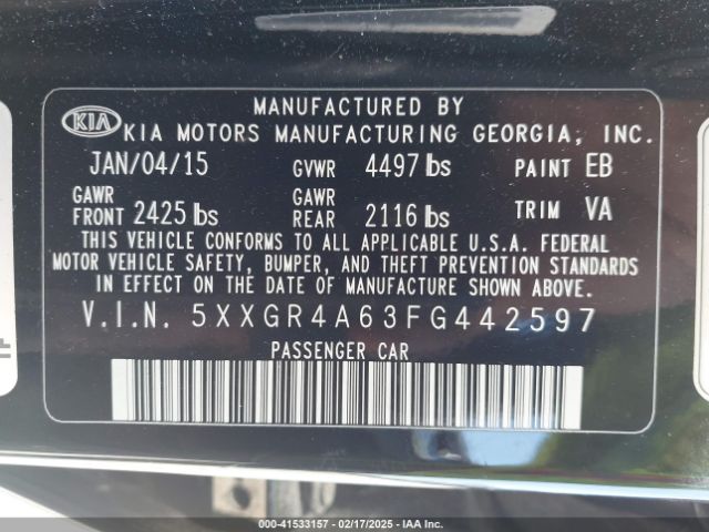 5XXGR4A63FG442597 KIA Optima Sxl Turbo