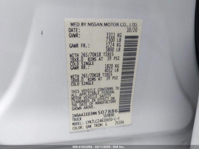 1N6AA1ED3MN507886 Nissan Titan Sv 4x4