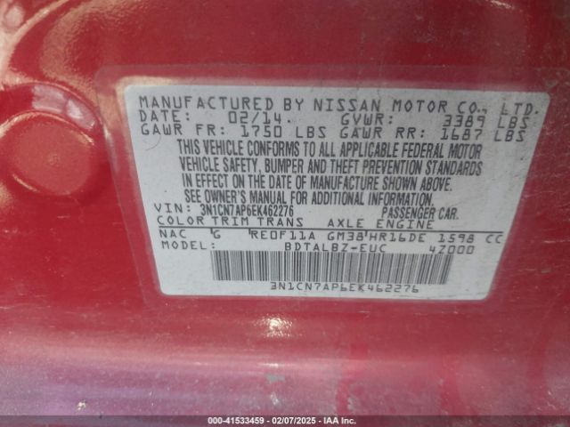 3N1CN7AP6EK462276 Nissan Versa 1.6 S/1.6 S+/1.6 Sl/1.6 Sv