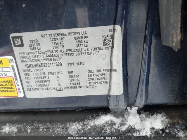 1GNKVHKD2FJ117629 Chevrolet Traverse 2lt