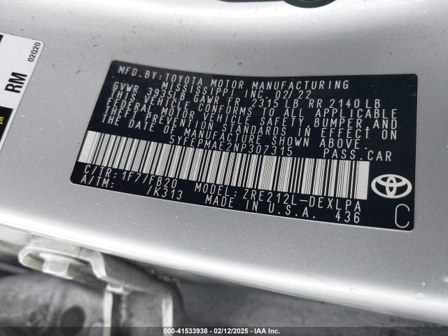 Aukcja sprzedaży 2022 Toyota Corolla Le, vin: 5YFEPMAE2NP307315, numer aukcji: 41533938