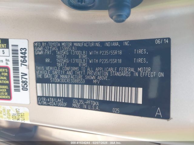 5TDDK3DCXES088559 Toyota Sienna Xle/limited