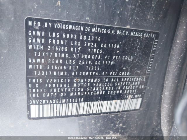 3VV2B7AX5JM211816 Volkswagen Tiguan 2.0t Se/2.0t Sel