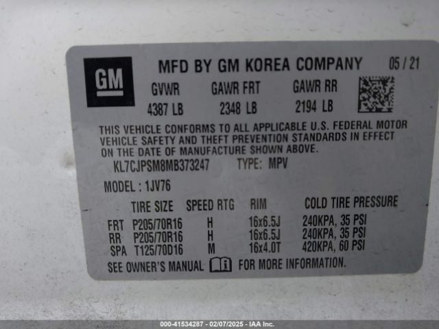KL7CJPSM8MB373247 Chevrolet Trax Awd Lt