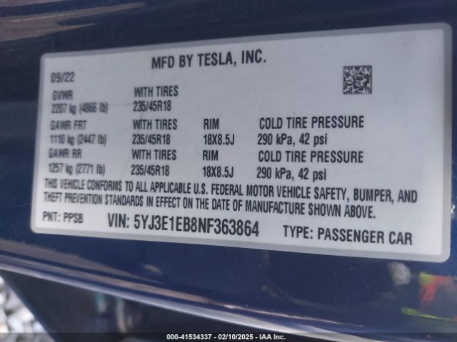 5YJ3E1EB8NF363864 Tesla Model 3 Long Range Dual Motor All-wheel Drive
