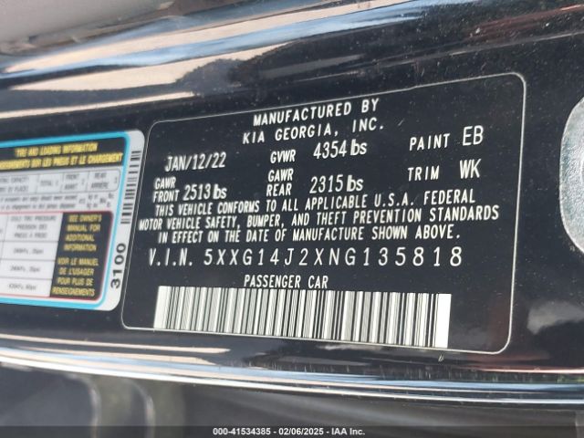 5XXG14J2XNG135818 KIA K5 LXS