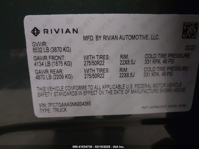 Rivian R1t Adventure 2022 7FCTGAAA0NN004365 Image 9