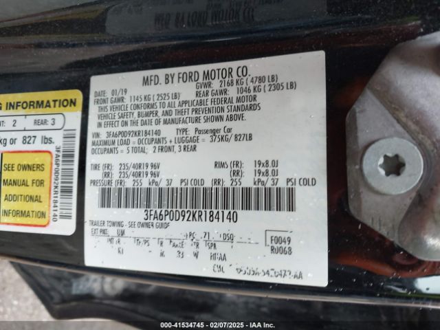 3FA6P0D92KR184140 Ford Fusion Titanium