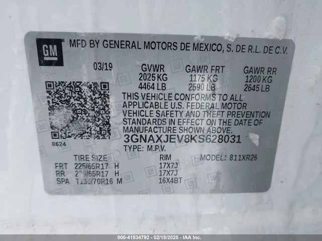 Продажа на аукционе авто 2019 Chevrolet Equinox Lt, vin: 3GNAXJEV8KS628031, номер лота: 41534792