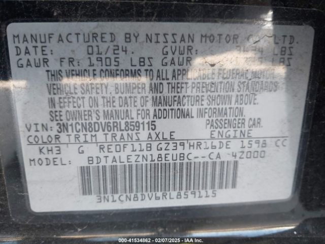 3N1CN8DV6RL859115 Nissan Versa 1.6 S