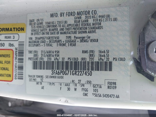 Ford FUSION S 2016 3FA6P0G71GR227450 Image 9