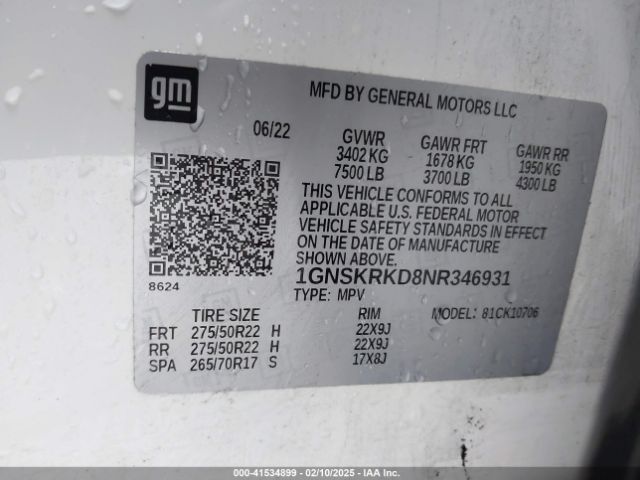 1GNSKRKD8NR346931 Chevrolet Tahoe 4wd Rst