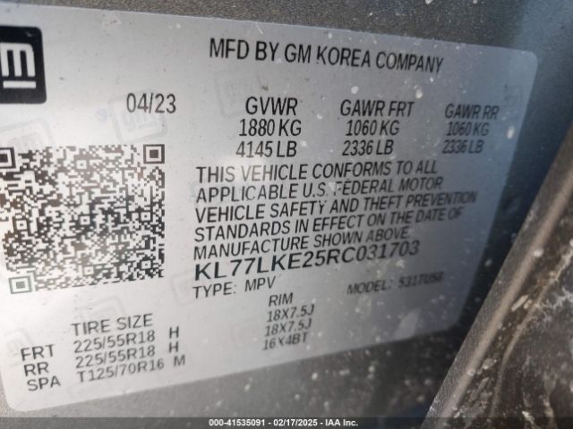 KL77LKE25RC031703 Chevrolet Trax Fwd Activ