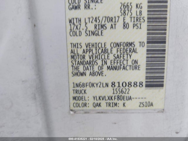 1N6BF0KY2LN810888 Nissan Nv Cargo Nv2500 Hd Sv Standard Roof V6