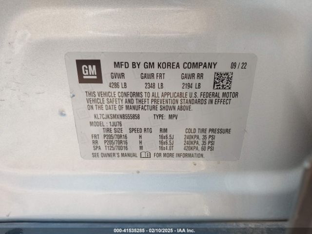 KL7CJKSMXNB555858 Chevrolet Trax Fwd Ls