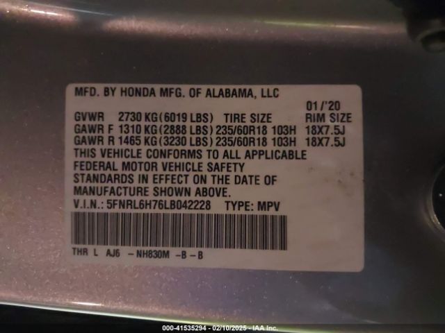 5FNRL6H76LB042228 Honda Odyssey Ex-l/ex-l W/navi   Res