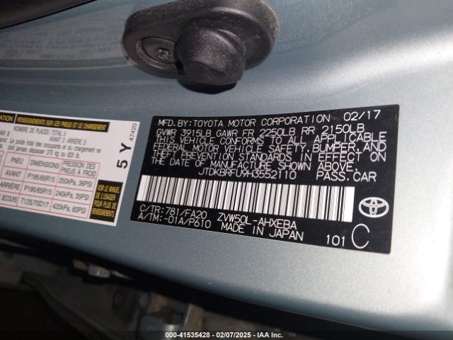 JTDKBRFU9H3552110 Toyota Prius Two
