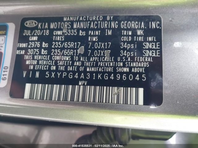 5XYPG4A31KG496045 KIA Sorento 2.4l L