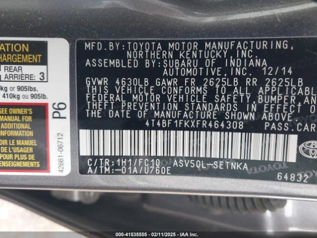 4T4BF1FKXFR464308 Toyota CAMRY LE