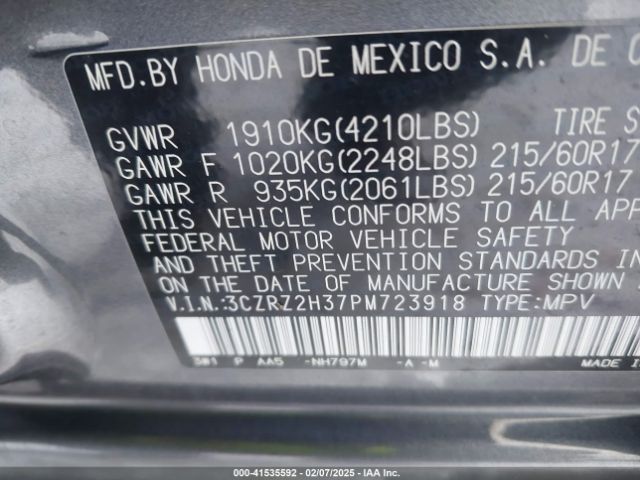 3CZRZ2H37PM723918 Honda Hr-v Awd Lx
