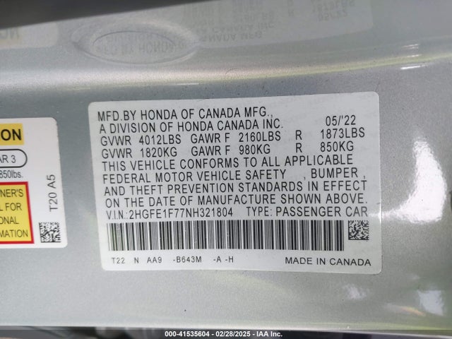 Honda CIVIC EX 2022 2HGFE1F77NH321804 Image 9