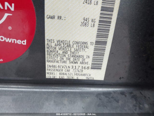 1N4BL4CV2LN317368 Nissan Altima Sr Fwd
