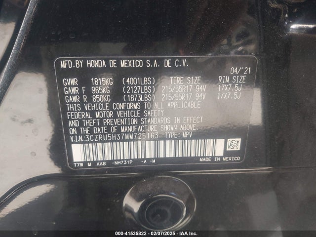 3CZRU5H37MM725163 Honda Hr-v 2wd Lx