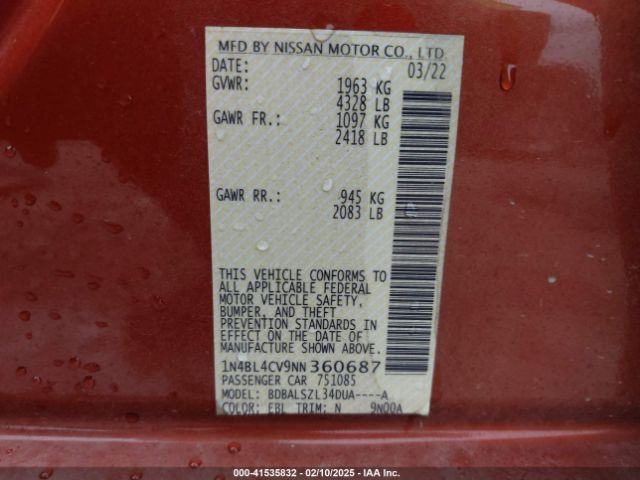 1N4BL4CV9NN360687 Nissan Altima Sr Fwd