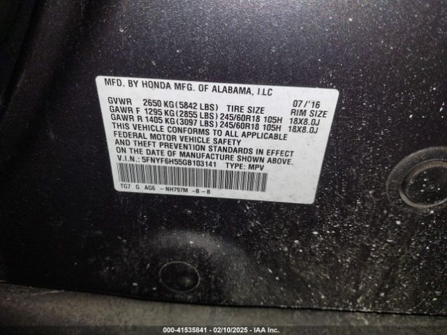 5FNYF6H55GB103141 Honda Pilot Ex-l