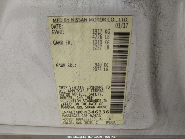 1N4AL3AP0HN346336 Nissan Altima 2.5 S