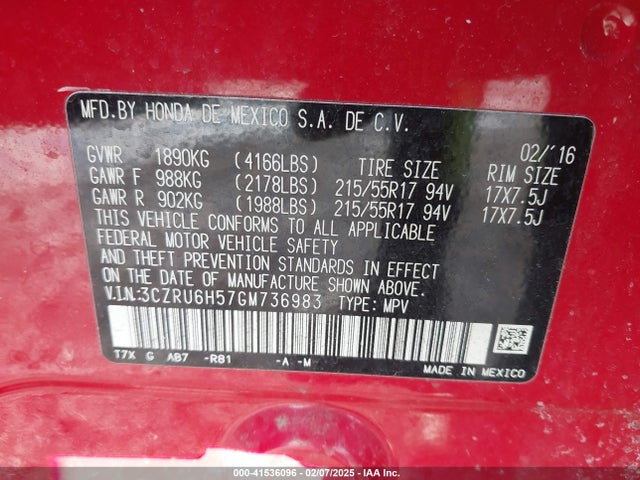 Honda HR-V EX 2016 3CZRU6H57GM736983 Image 9