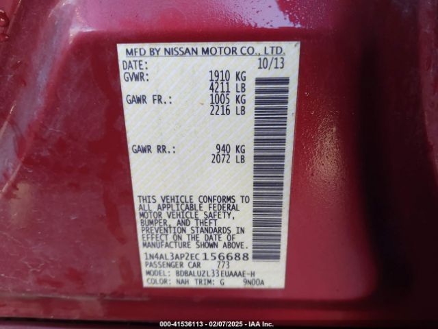 1N4AL3AP2EC156688 Nissan Altima 2.5 Sv