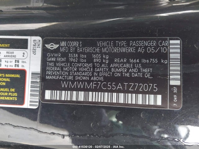 2010 MINI COOPER S WMWMF7C55ATZ72075 Photo 8